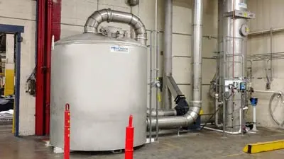 Carbon Adsorber with Wet Scrubber 3,000 CFM stainless steel Carbon Adsorber to remove adsorbable, insoluble VOCs generated from the rubber devulcanization process. This equipment is part of a multi-stage system that also includes a Packed Tower Wet Scrubber.